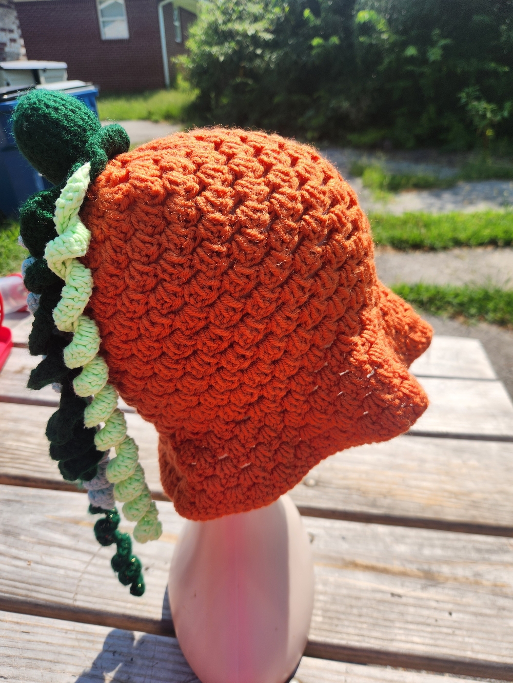 Handmade Orange Crochet Women’s Hat with Green Accents